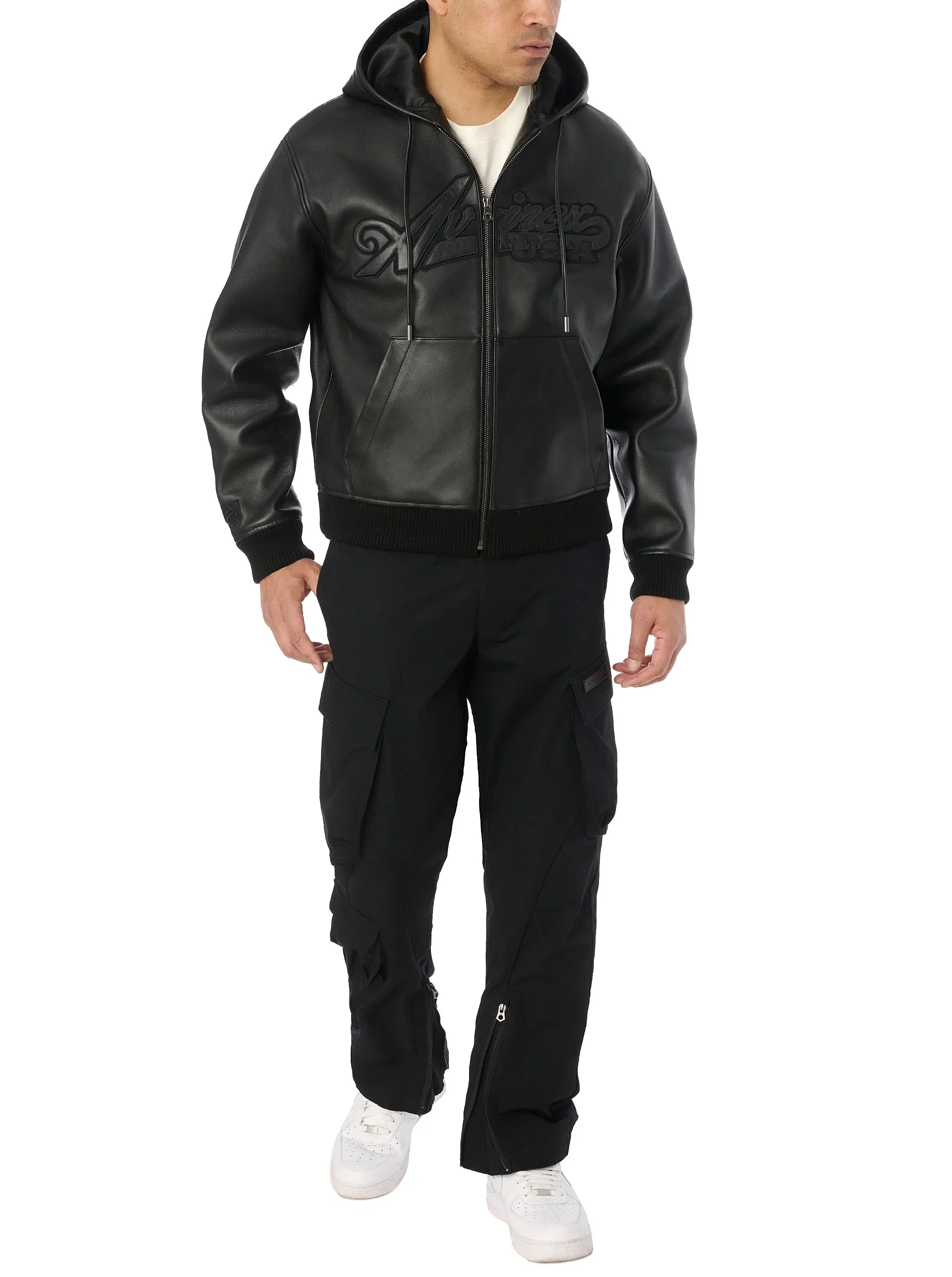 Avirex SCRIPT NAPPA LEATHER HOODIE - BLACK