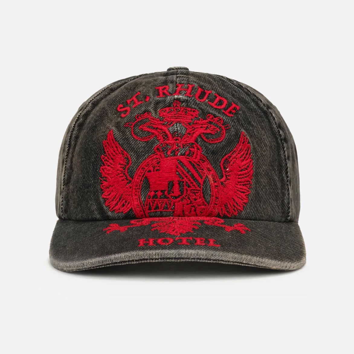 RHUDE ST. RHUDE SEAL DENIM CURVED BRIM HAT - BLACK / RED