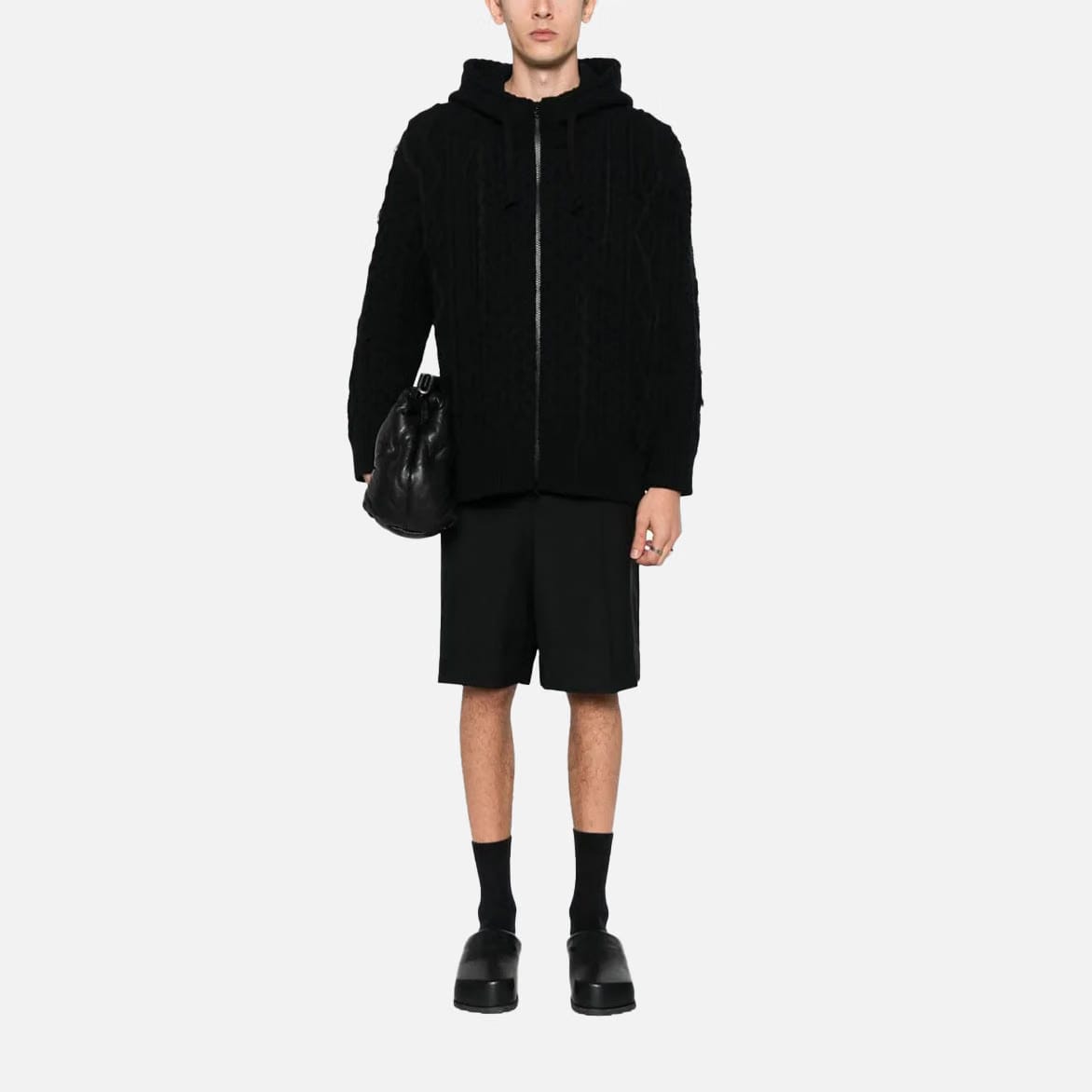 Junya Watanabe HOODED CABLEKNIT CARDIGAN - BLACK