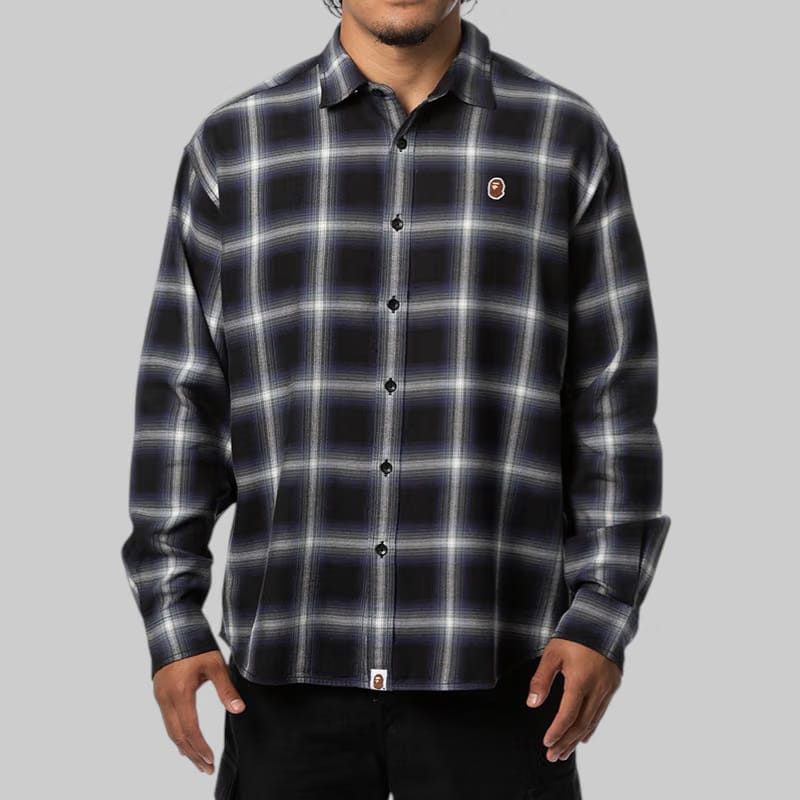 BAPE One Point Ombre Check Light Flannel Long Sleeve Shirt - Black