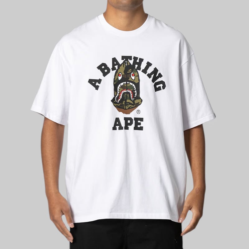 BAPE 1st Camo Shark Seijin College Relaxed Fit T-Shirt - White