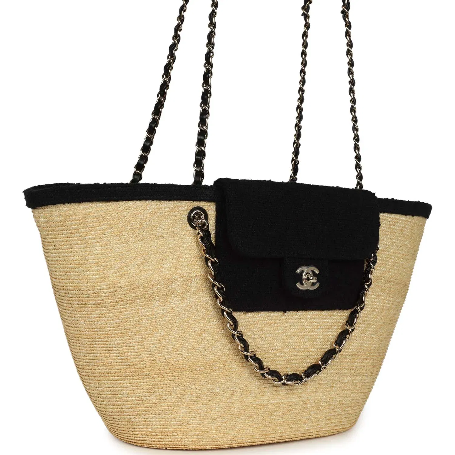 Chanel Large "Coco Vibe" Shopping Tote Bag Beige Raffia and Black Tweed Light Gold Hardware