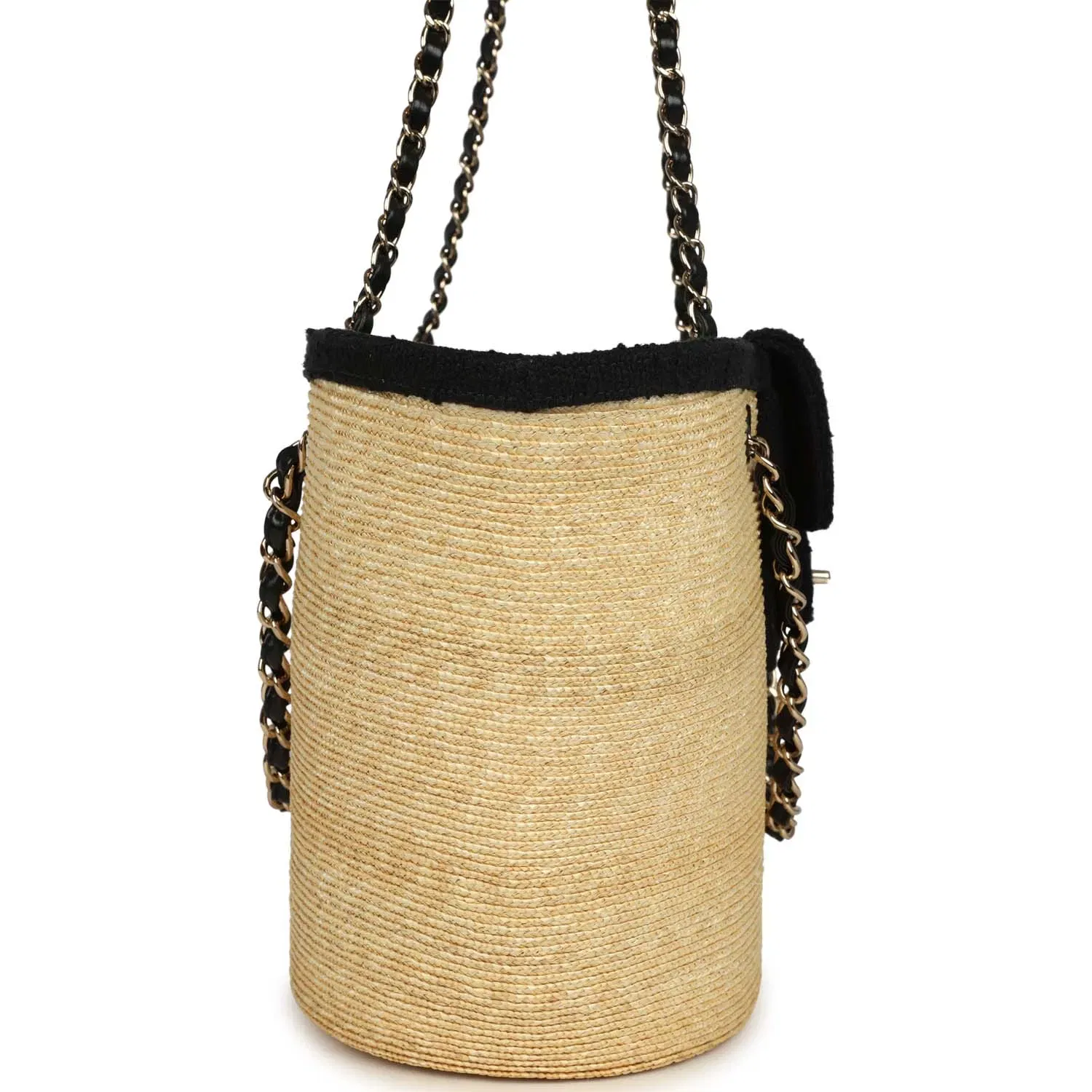 Chanel Large "Coco Vibe" Shopping Tote Bag Beige Raffia and Black Tweed Light Gold Hardware