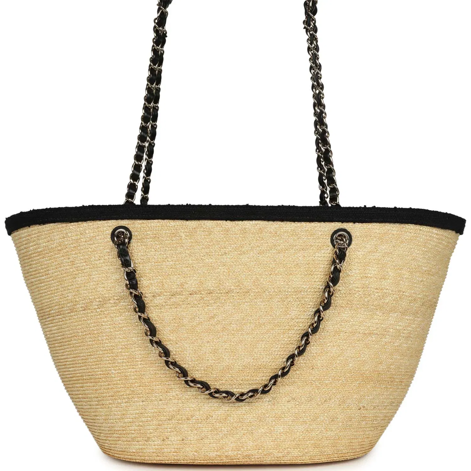 Chanel Large "Coco Vibe" Shopping Tote Bag Beige Raffia and Black Tweed Light Gold Hardware