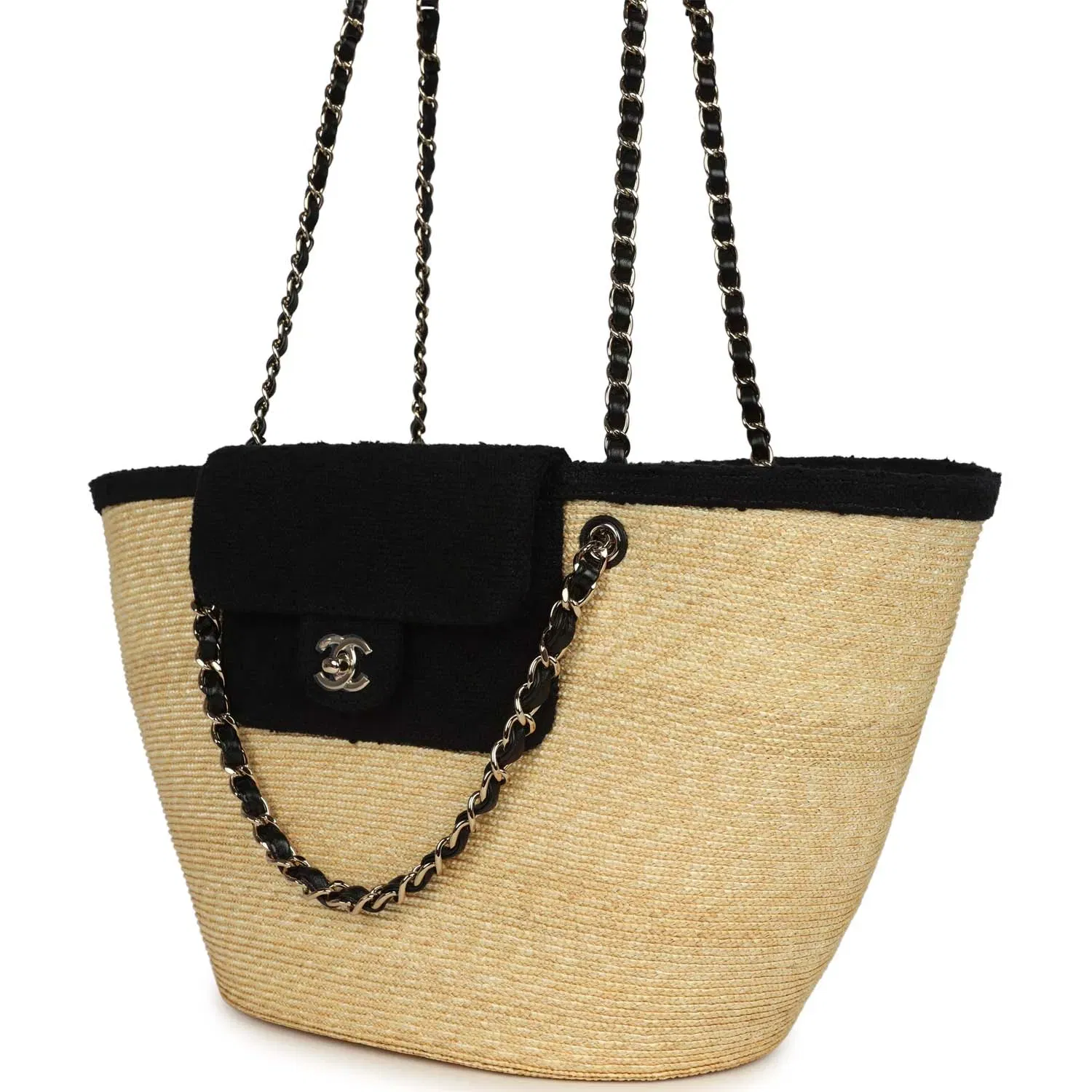 Chanel Large "Coco Vibe" Shopping Tote Bag Beige Raffia and Black Tweed Light Gold Hardware