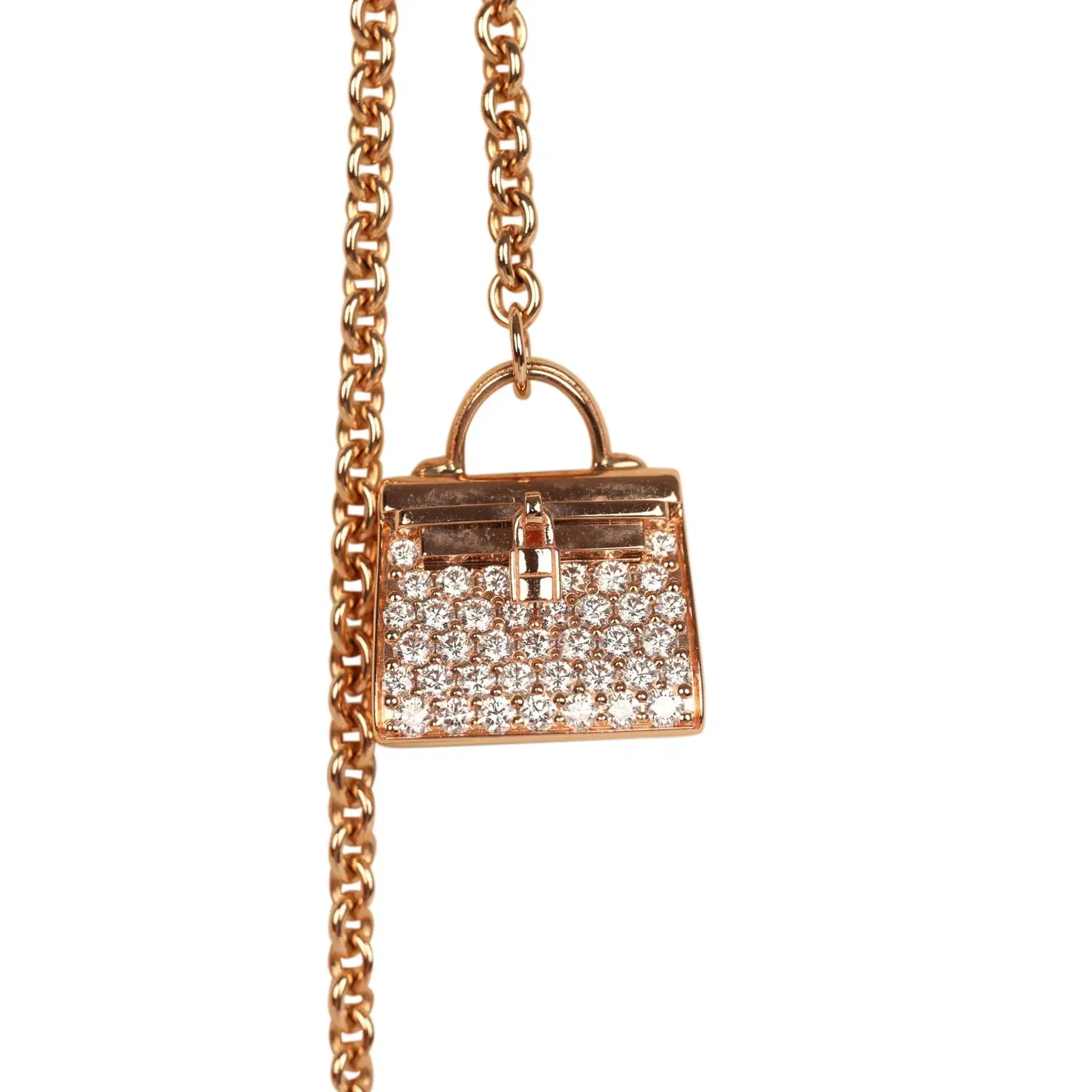 Hermes Amulettes Kelly Long Necklace Diamonds 18K Rose Gold