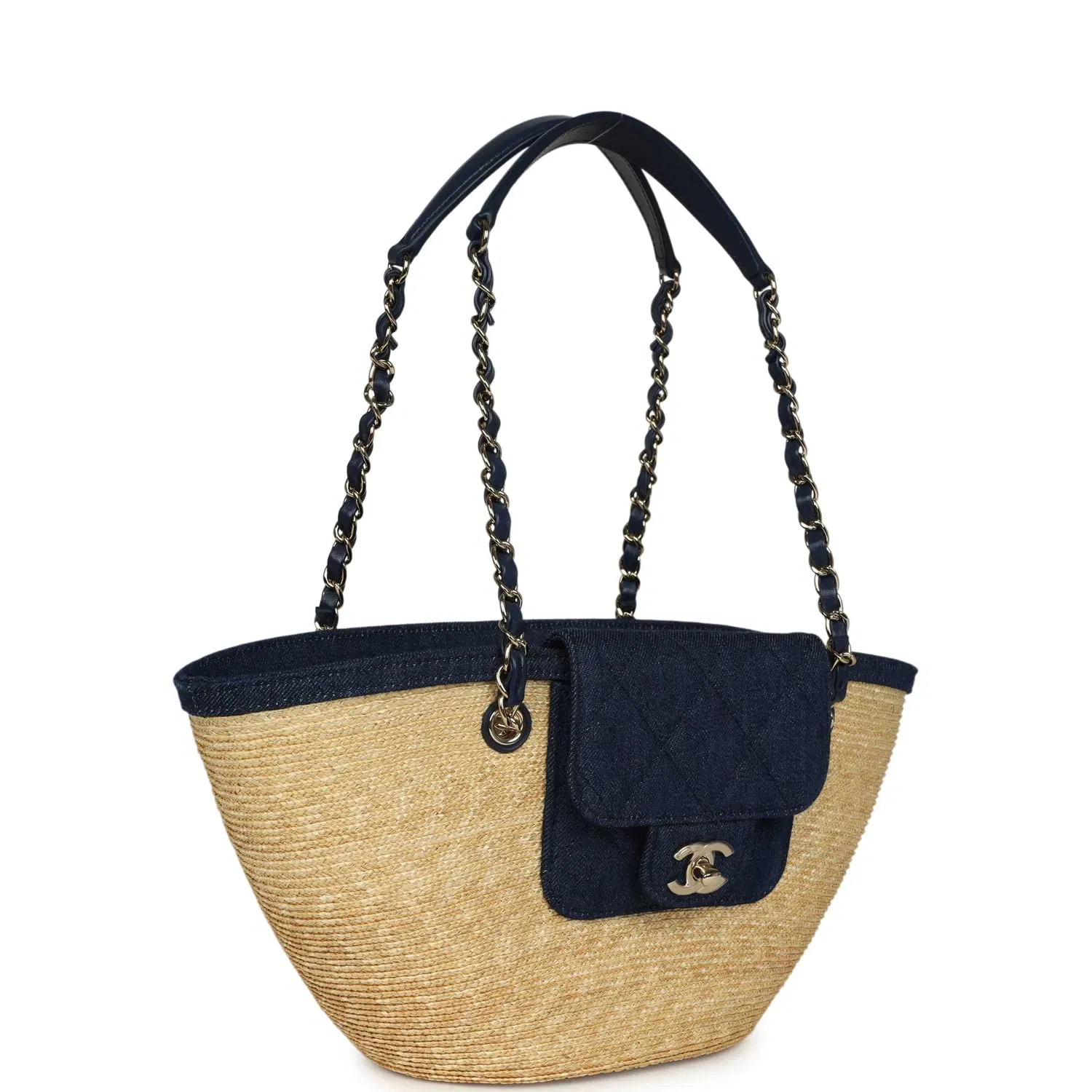 Chanel Small Coco Beach Shopping Tote Bag Bag Beige Raffia and Dark Blue Denim Light Gold Hardware