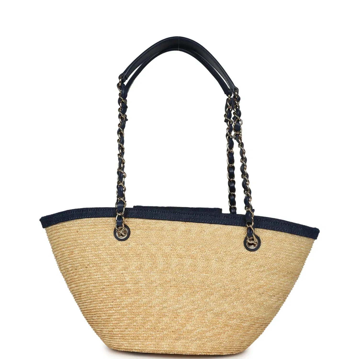 Chanel Small Coco Beach Shopping Tote Bag Bag Beige Raffia and Dark Blue Denim Light Gold Hardware