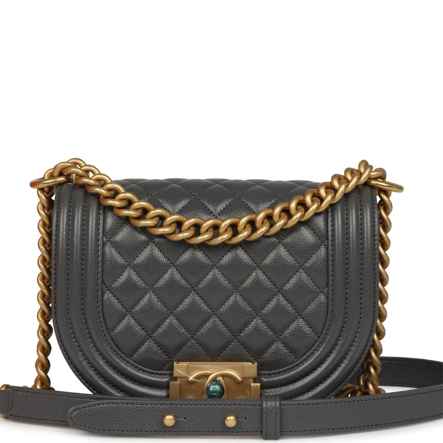 Chanel Small Boy Messenger Bag Dark Grey Shiny Caviar Antique Gold Hardware