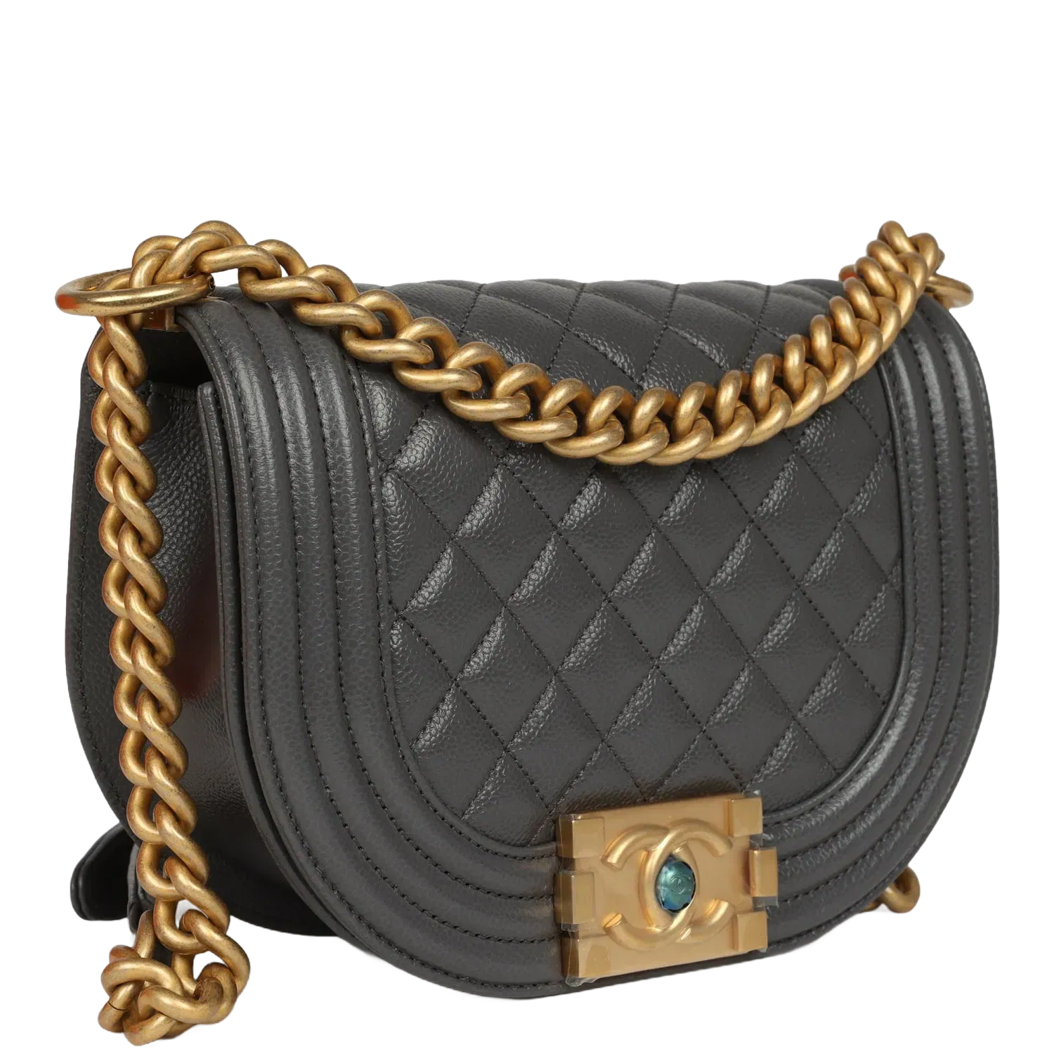 Chanel Small Boy Messenger Bag Dark Grey Shiny Caviar Antique Gold Hardware