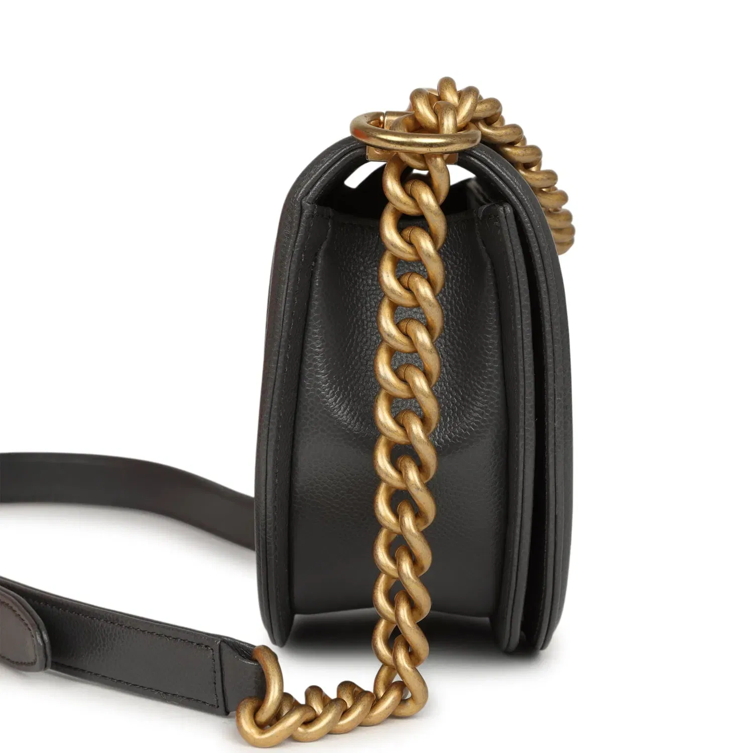 Chanel Small Boy Messenger Bag Dark Grey Shiny Caviar Antique Gold Hardware