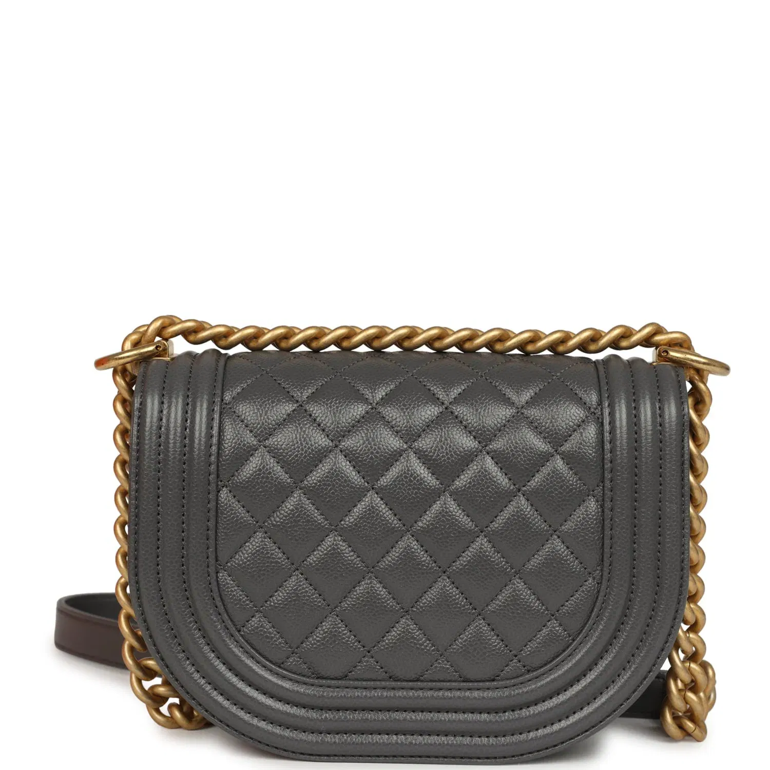 Chanel Small Boy Messenger Bag Dark Grey Shiny Caviar Antique Gold Hardware