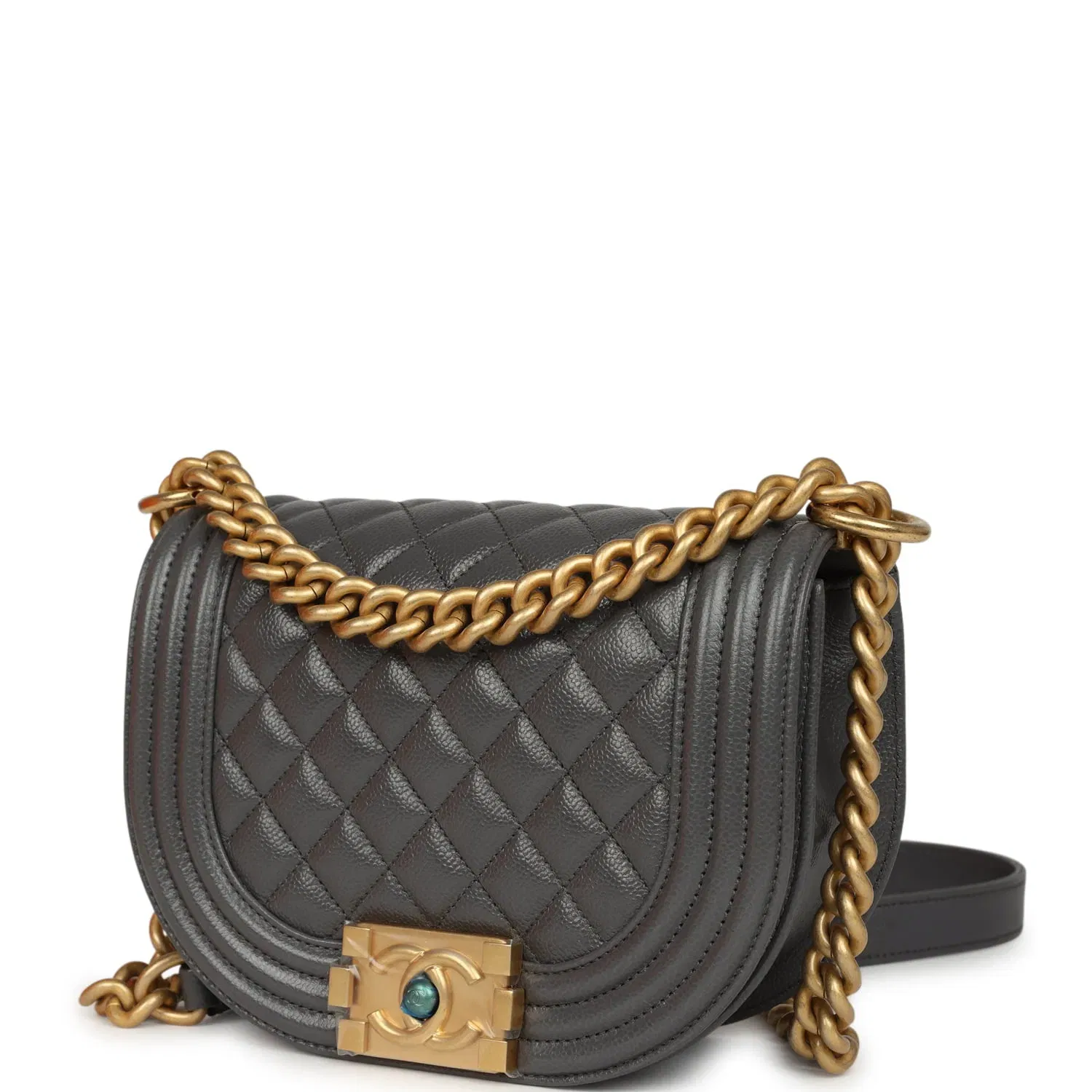 Chanel Small Boy Messenger Bag Dark Grey Shiny Caviar Antique Gold Hardware
