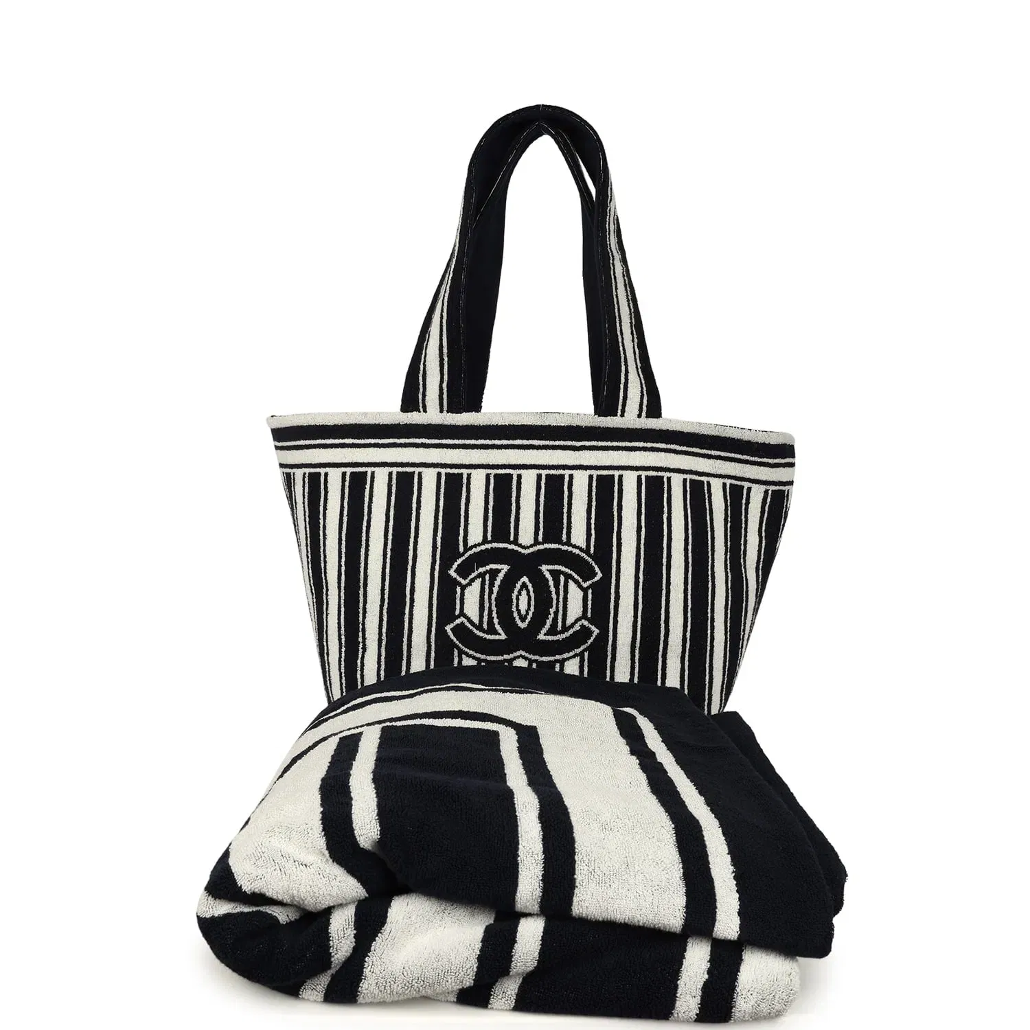 Chanel Coco Beach CC Striped Beach Tote Bag & Towel Set Navy Blue and White Terry Silver Hardware