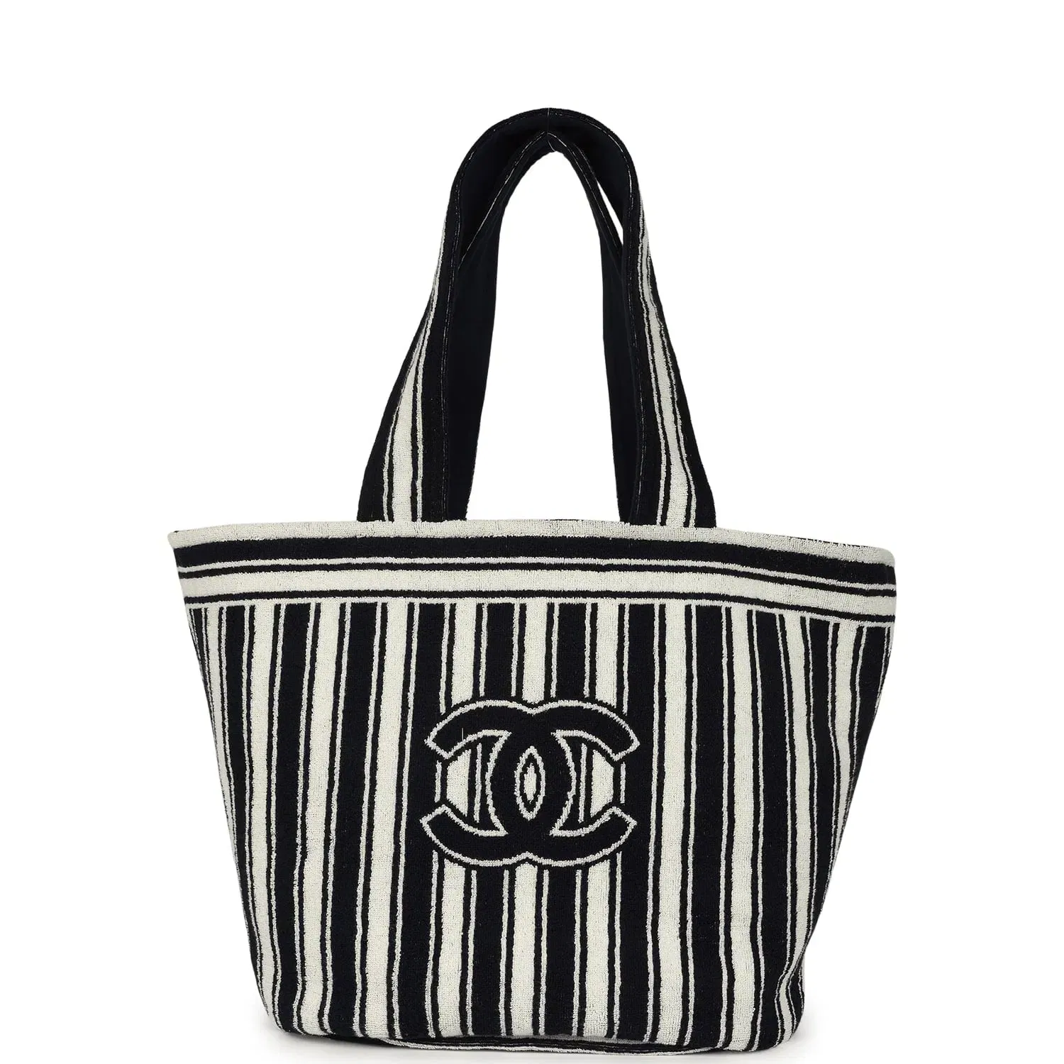 Chanel Coco Beach CC Striped Beach Tote Bag & Towel Set Navy Blue and White Terry Silver Hardware