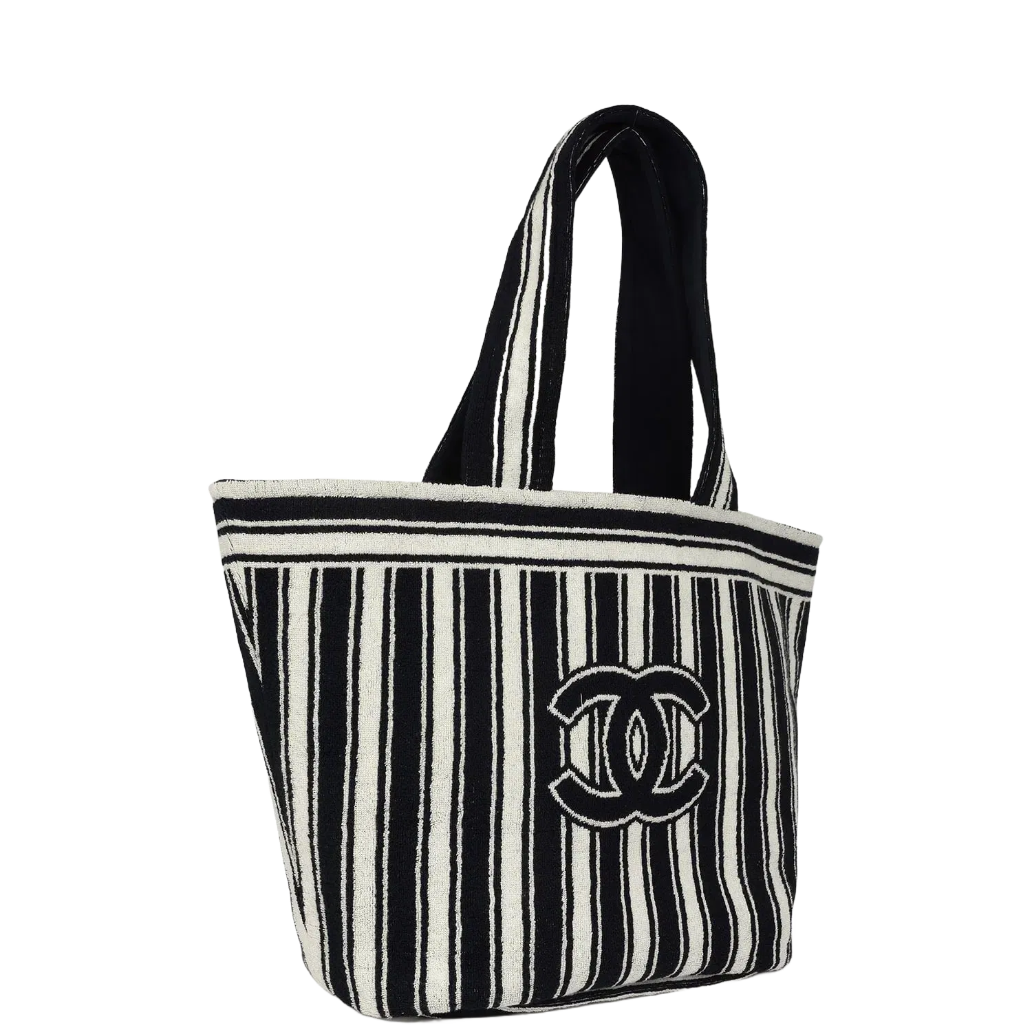 Chanel Coco Beach CC Striped Beach Tote Bag & Towel Set Navy Blue and White Terry Silver Hardware