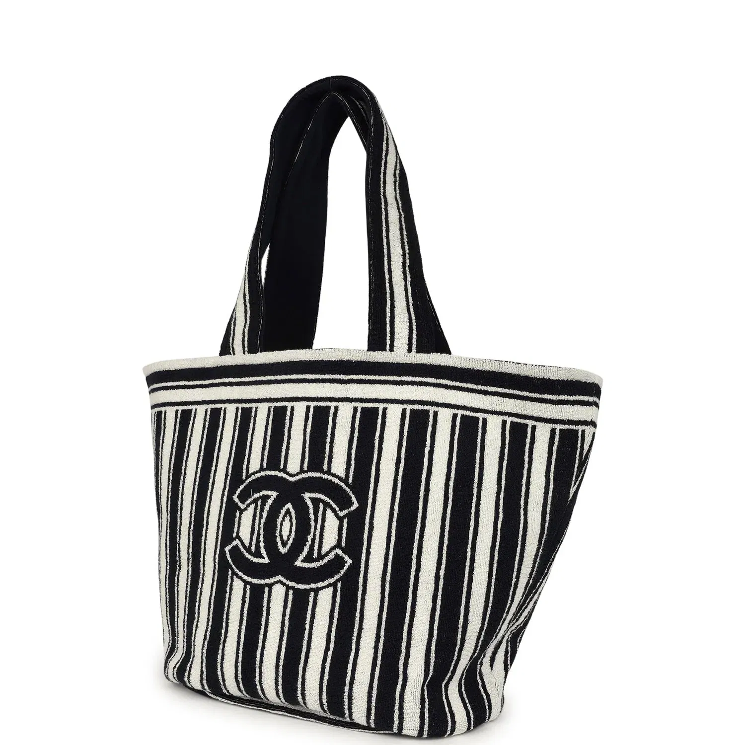 Chanel Coco Beach CC Striped Beach Tote Bag & Towel Set Navy Blue and White Terry Silver Hardware