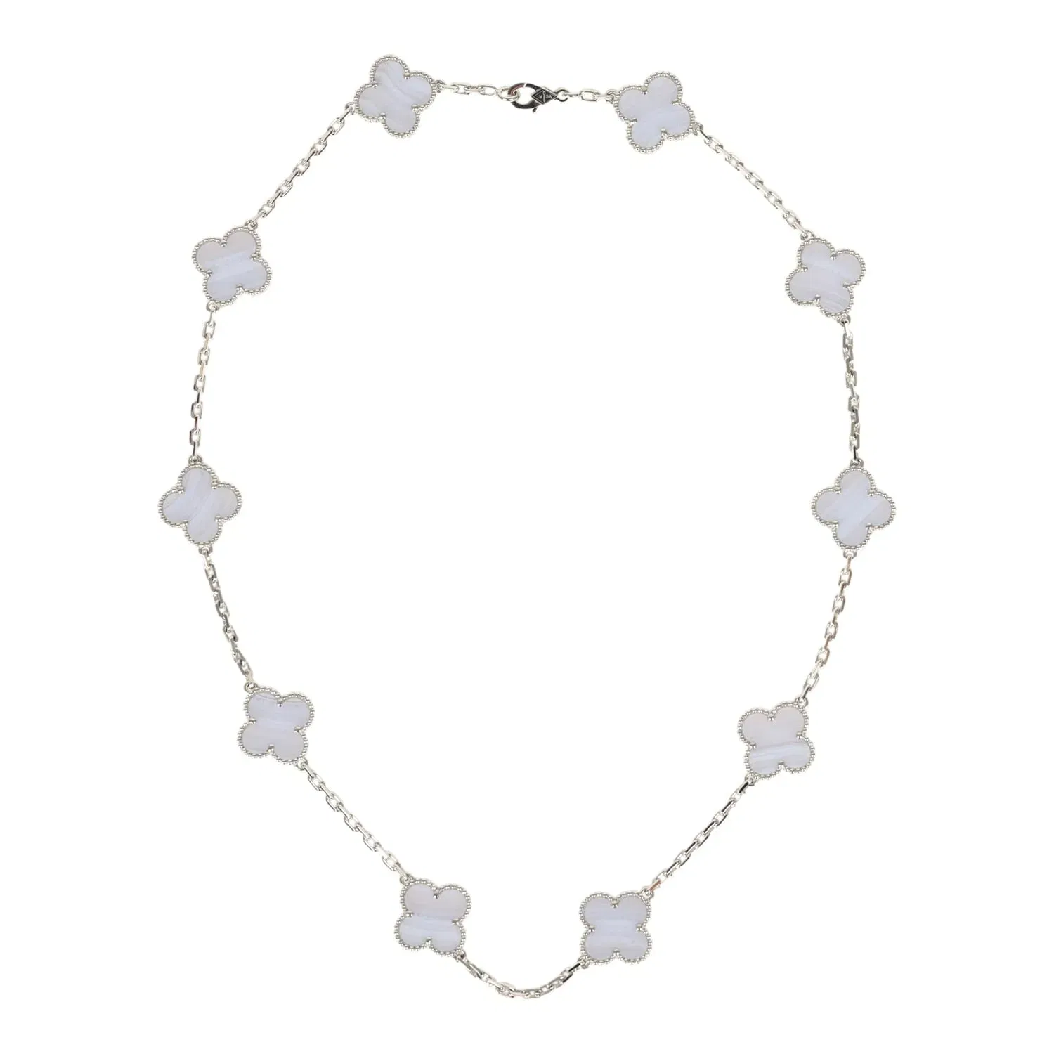 VCA Van Cleef & Arpels Vintage Alhambra 10 Motif Necklace Chalcedony 18K White Gold