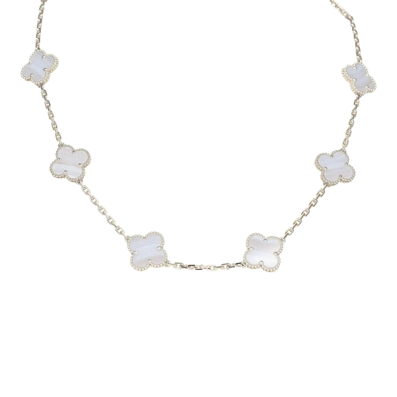 VCA Van Cleef & Arpels Vintage Alhambra 10 Motif Necklace Chalcedony 18K White Gold