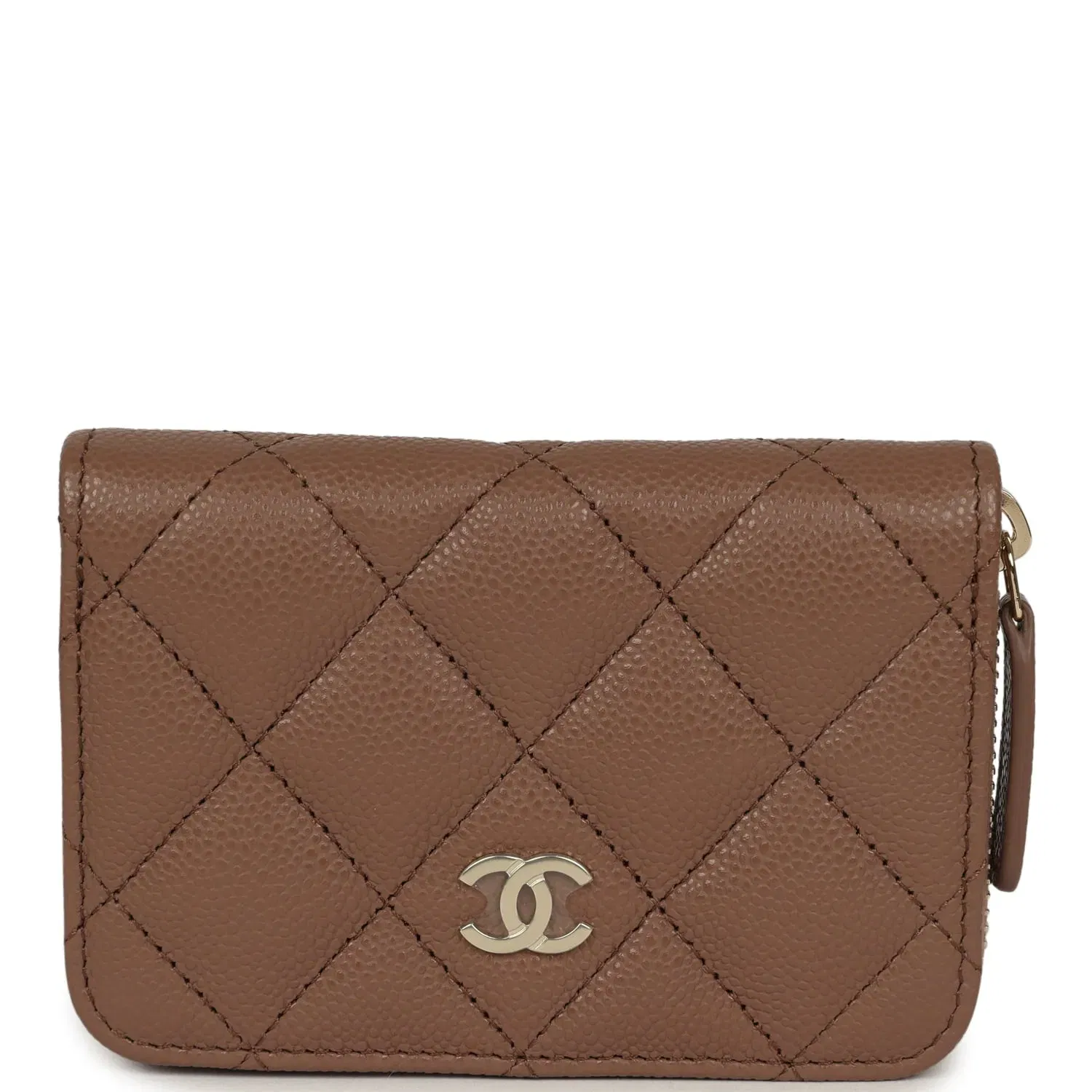 Chanel Classic Zipped Coin Purse Wallet Brown Shiny Caviar Light Gold Hardware