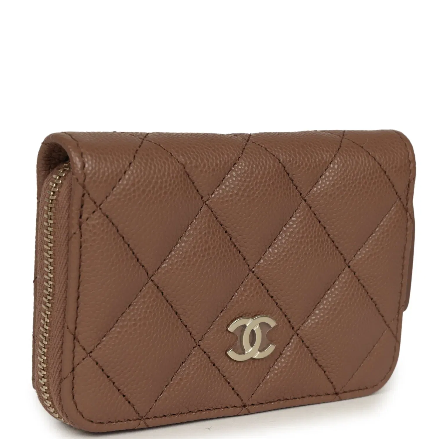 Chanel Classic Zipped Coin Purse Wallet Brown Shiny Caviar Light Gold Hardware