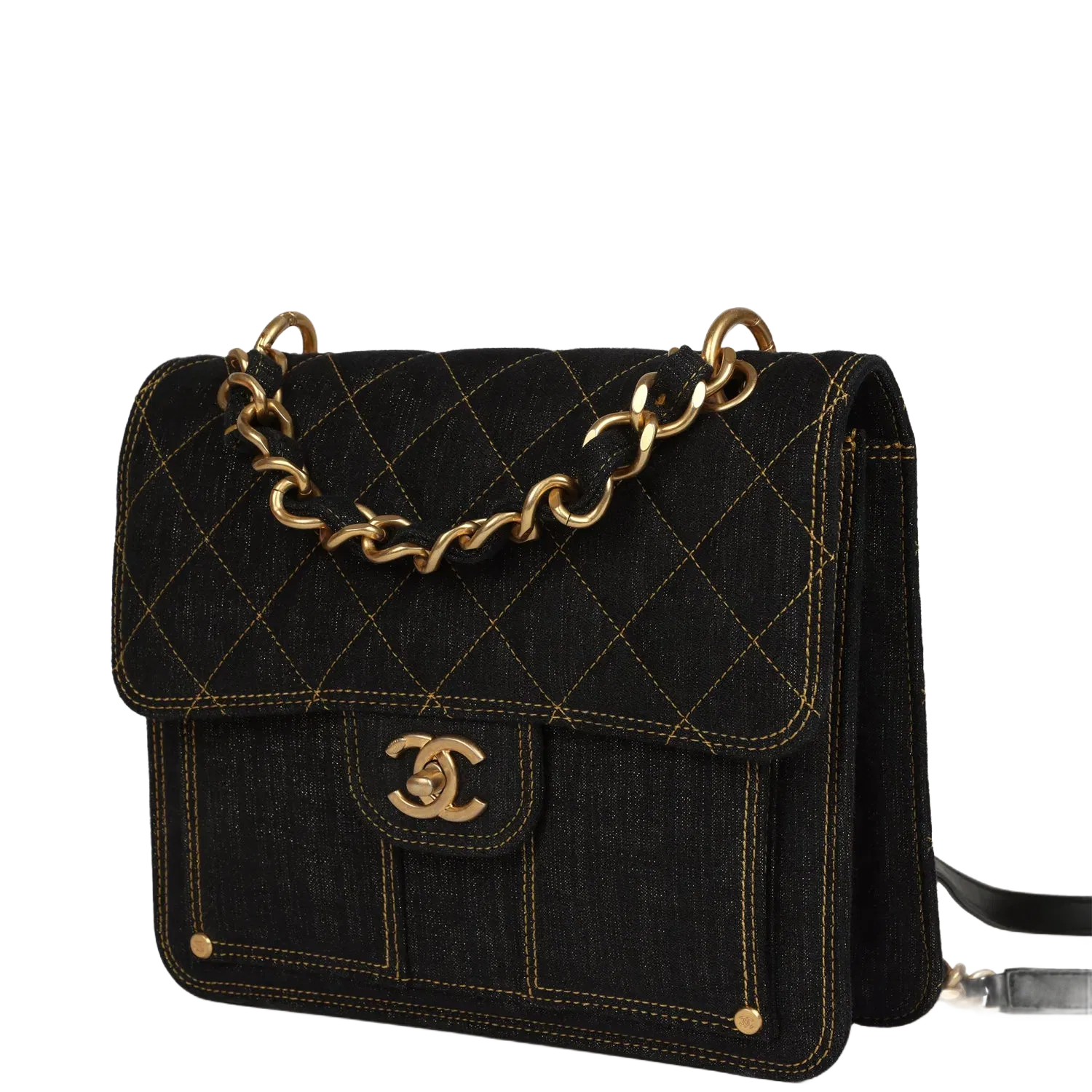 Chanel Double You Flap Backpack Black Denim Antique Gold Hardware
