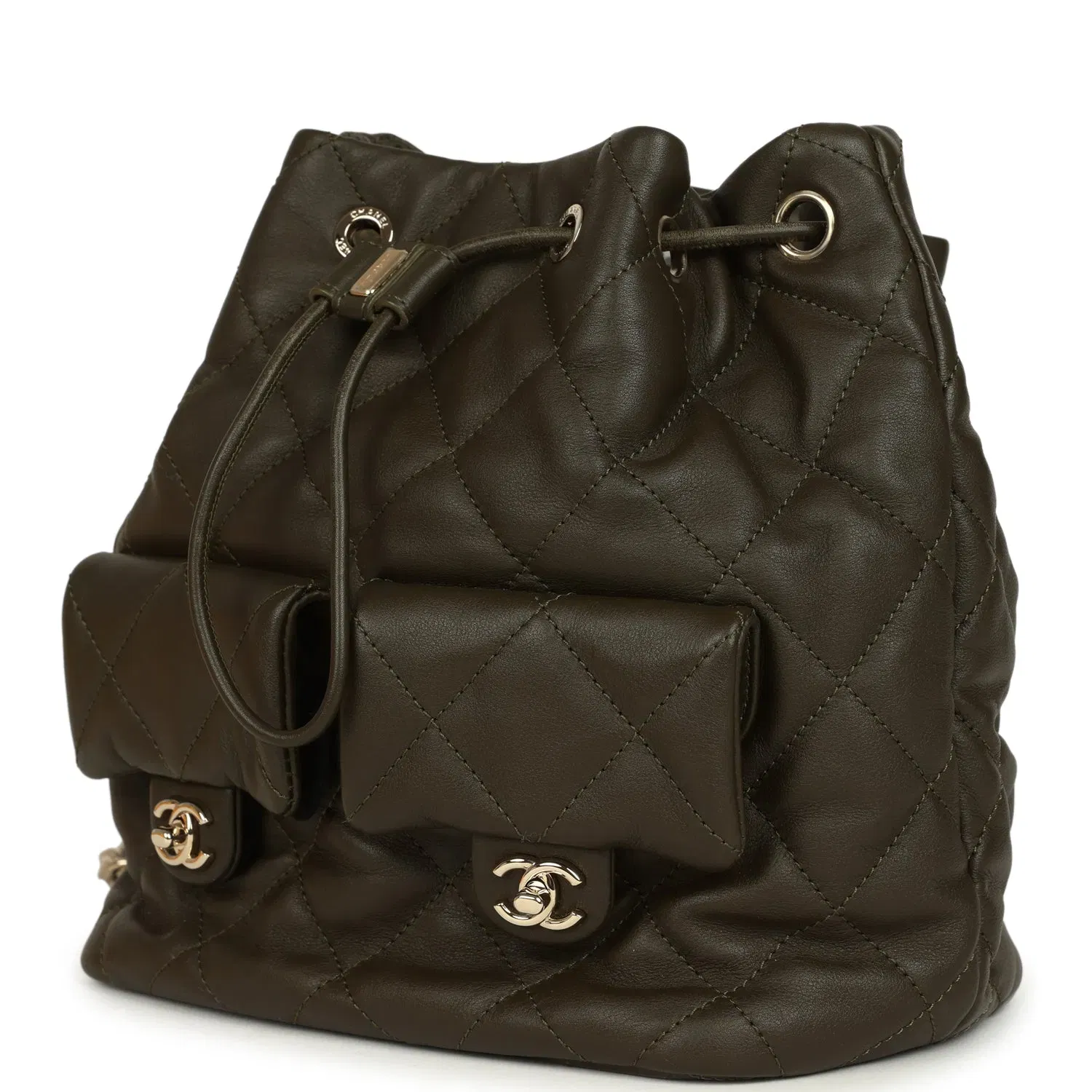 Chanel Mini Duma Drawstring Backpack Khaki Lambskin Light Gold Hardware