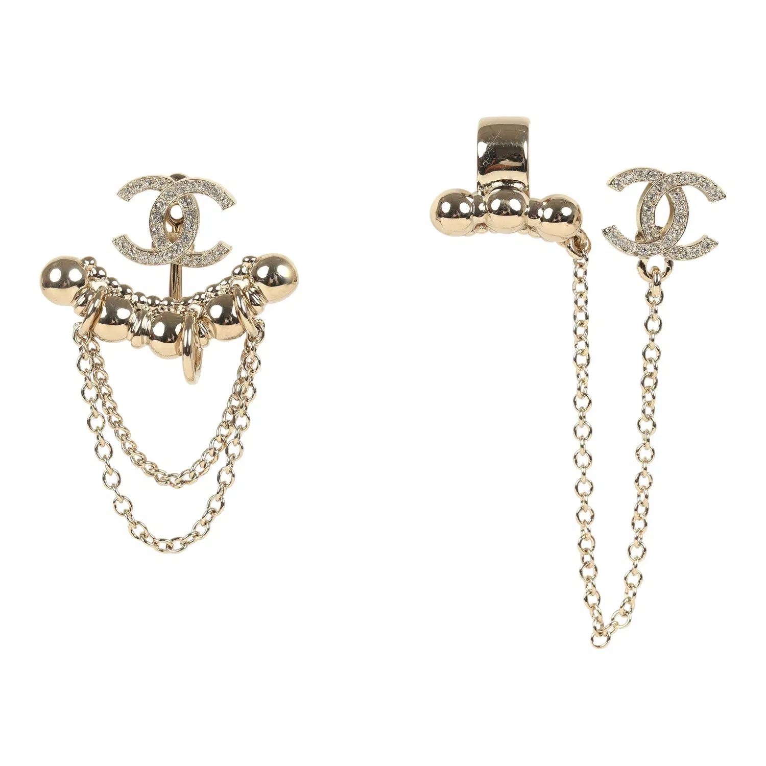 Chanel Crystal CC Dangle & Chain Link Ear Cuff Earrings Light Gold Tone Hardware
