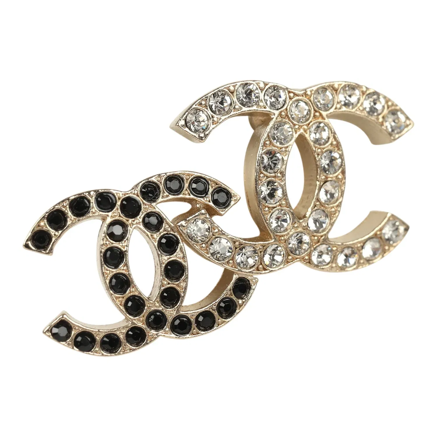 Chanel Double CC Crystal Stud Earrings Black Gold Tone Hardware