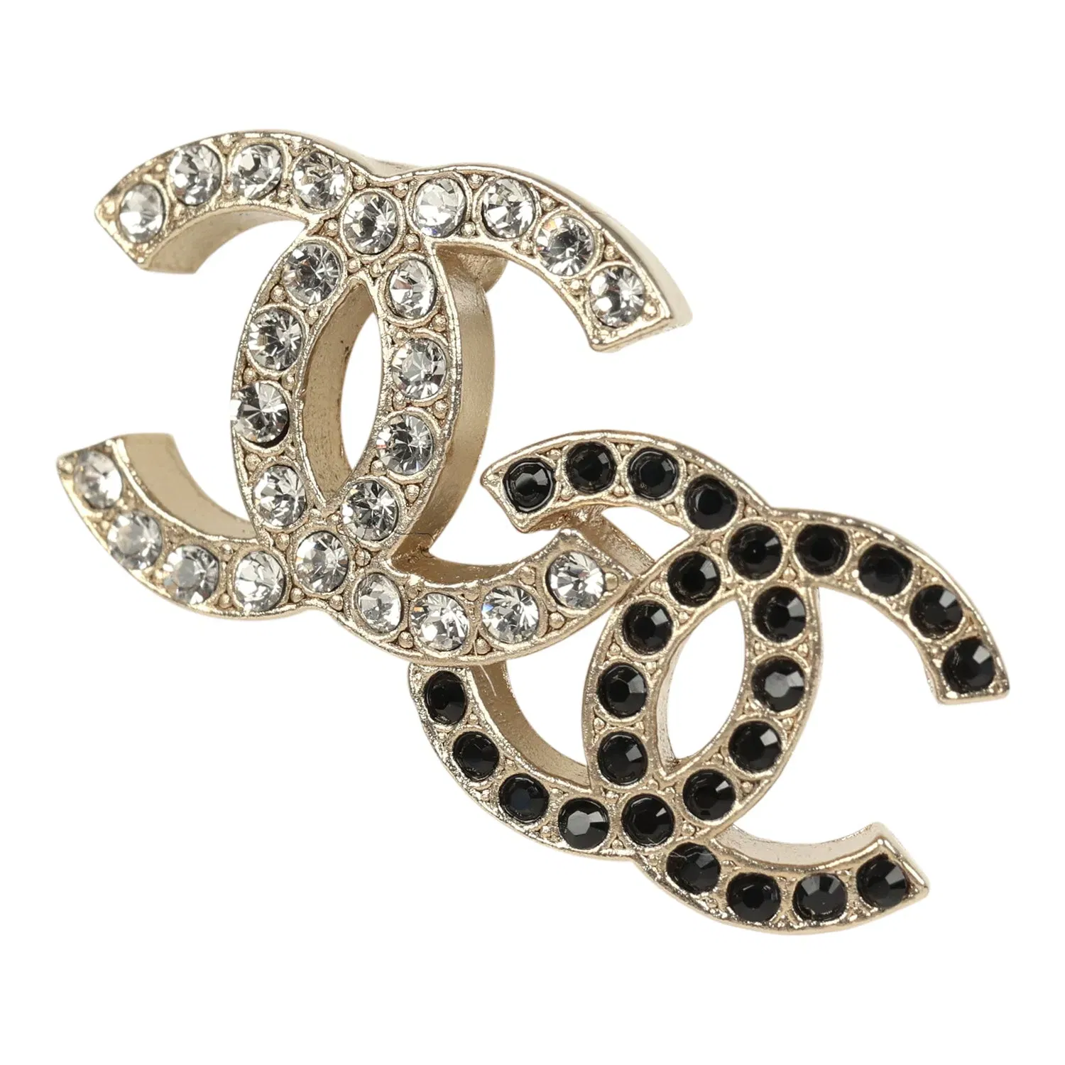 Chanel Double CC Crystal Stud Earrings Black Gold Tone Hardware