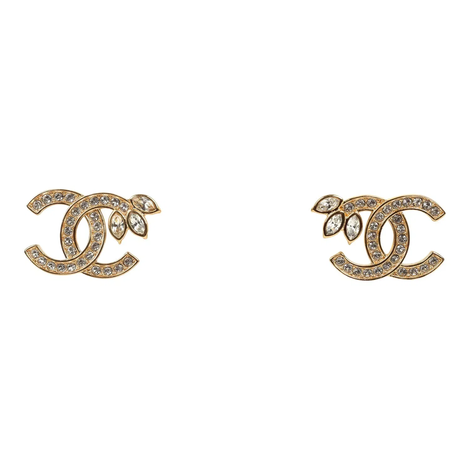 Chanel Crystal Floral CC Stud Earrings Gold Tone Hardware