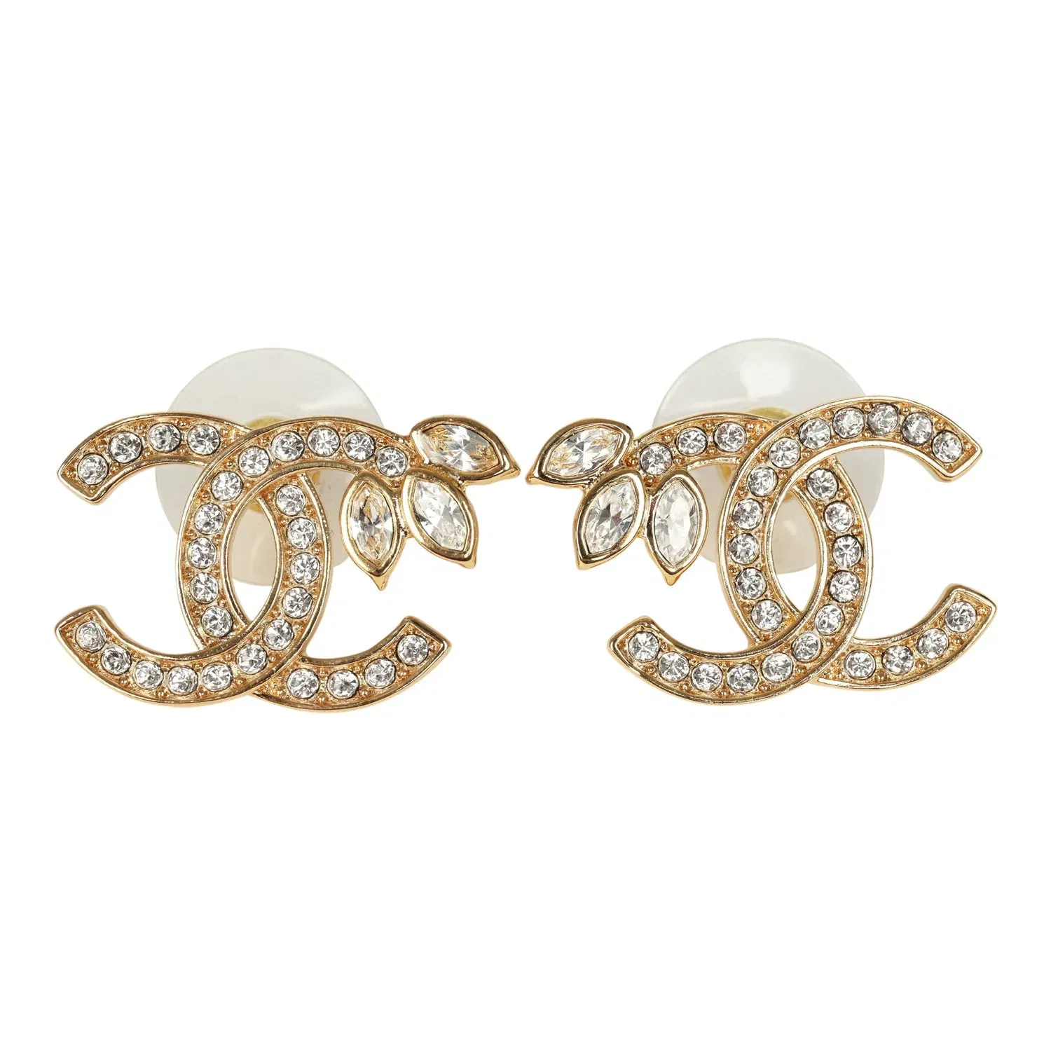 Chanel Crystal Floral CC Stud Earrings Gold Tone Hardware