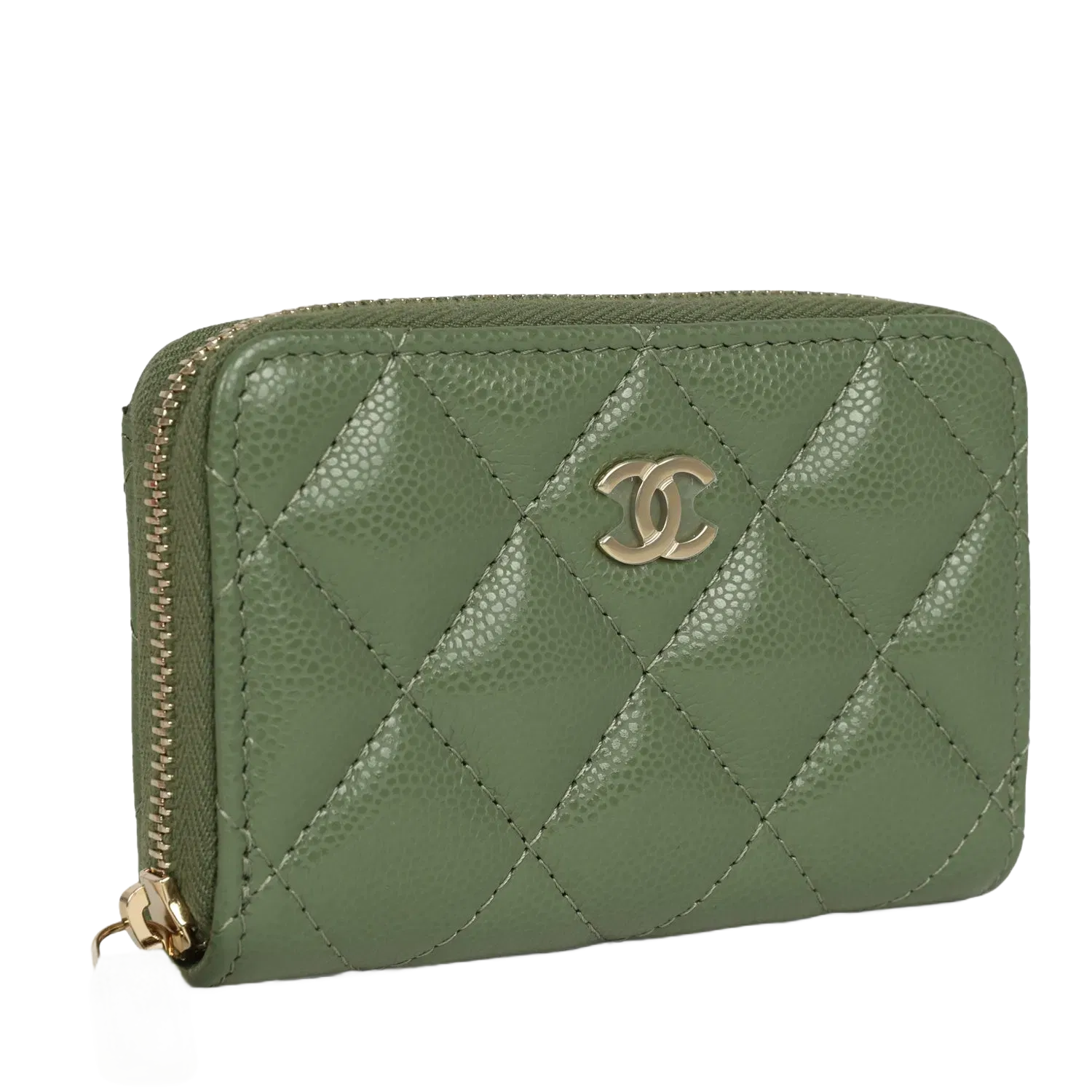 Chanel Classic Zipped Coin Purse Wallet Khaki Shiny Caviar Light Gold Hardware