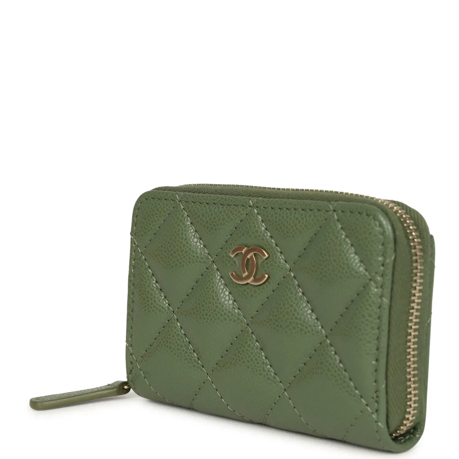 Chanel Classic Zipped Coin Purse Wallet Khaki Shiny Caviar Light Gold Hardware
