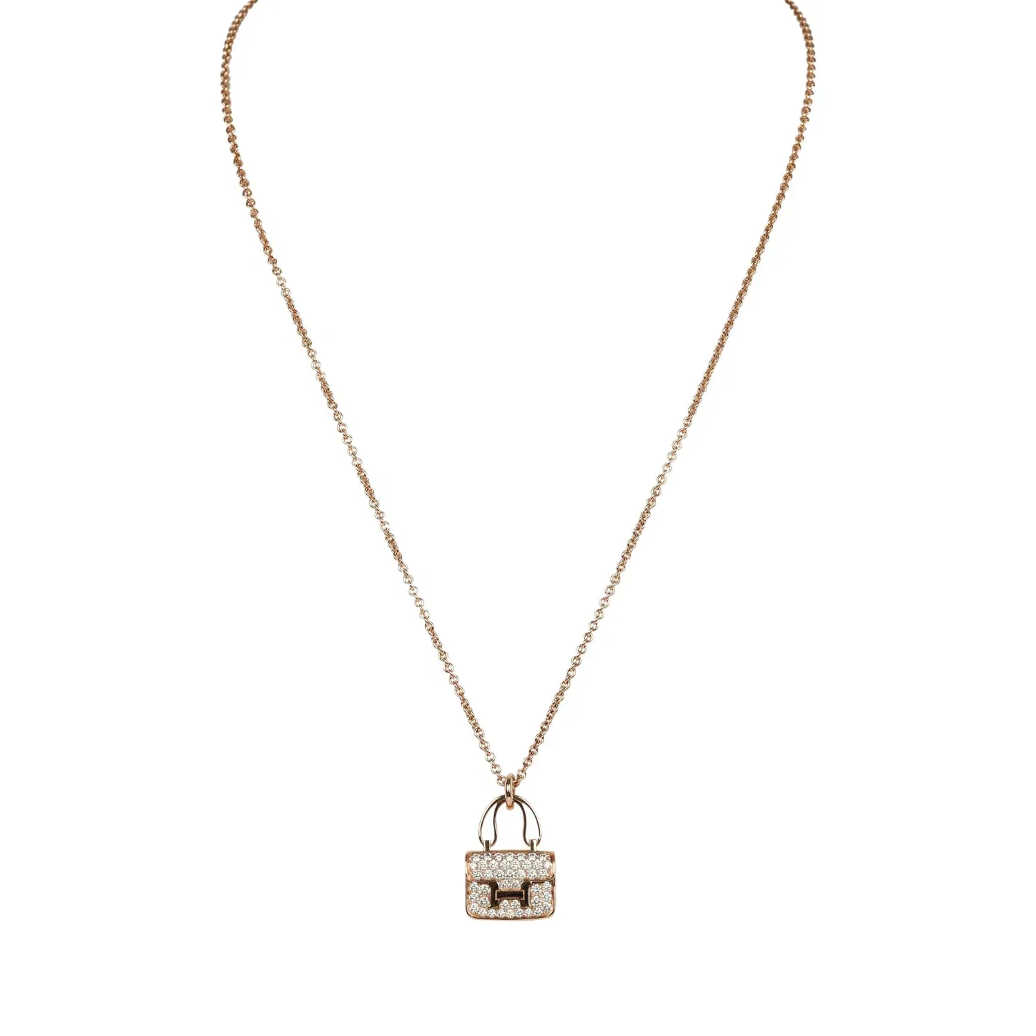 Hermes Amulettes Constance Pendant Necklace Diamonds 18K Rose Gold