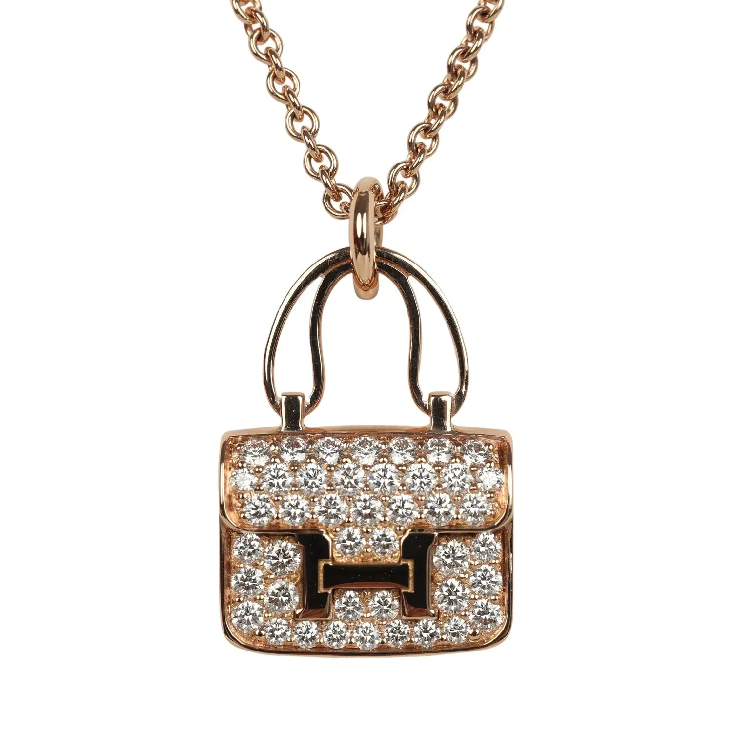 Hermes Amulettes Constance Pendant Necklace Diamonds 18K Rose Gold