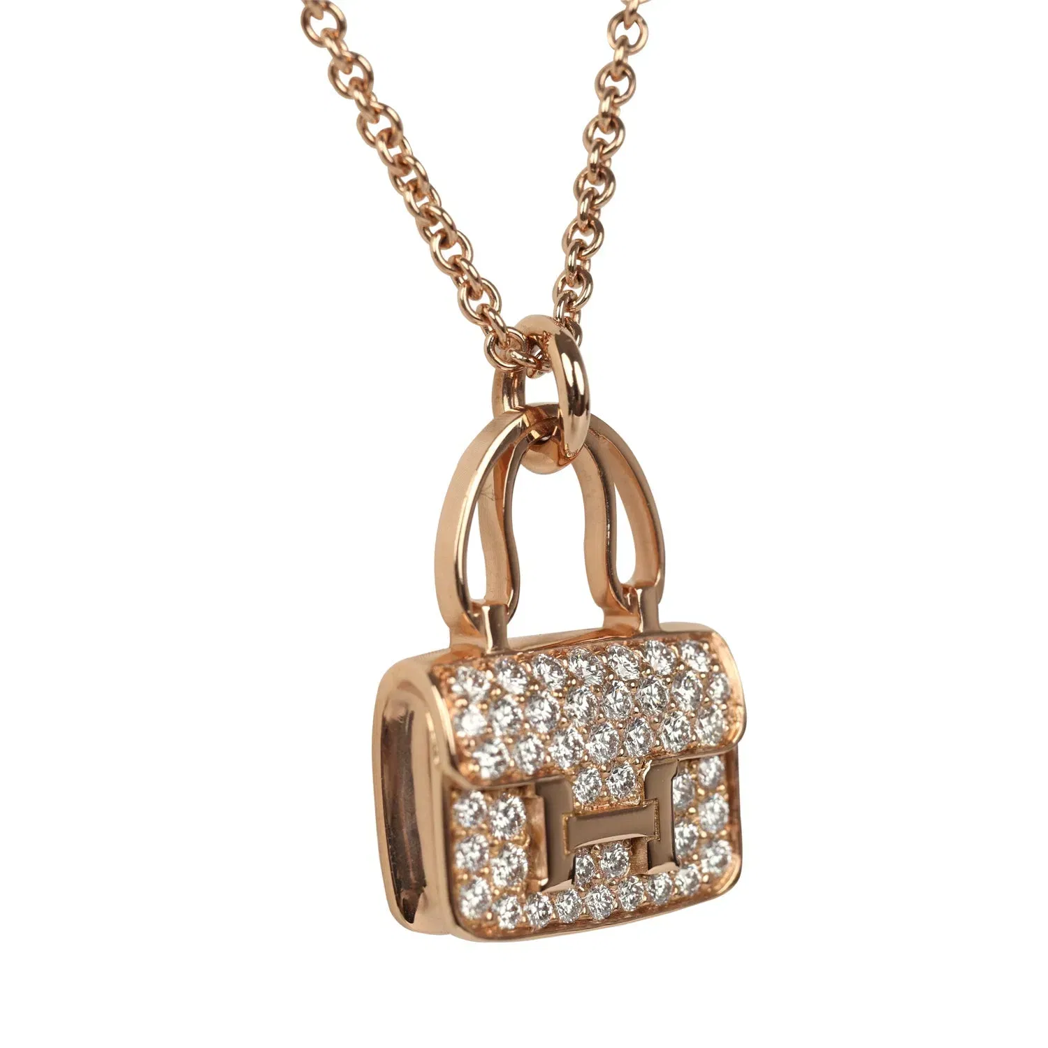 Hermes Amulettes Constance Pendant Necklace Diamonds 18K Rose Gold
