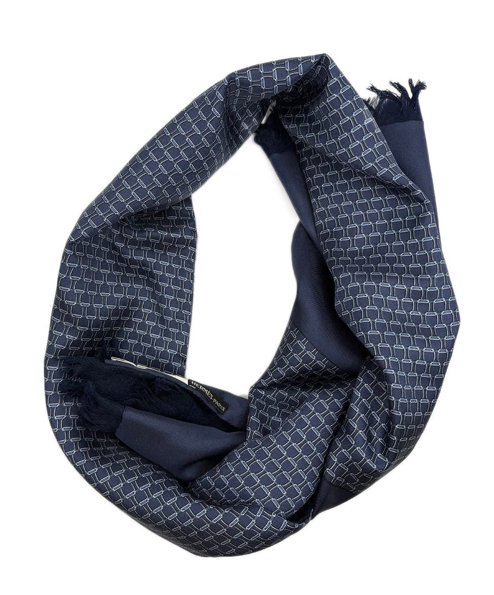 Hermes Blue Silk Print Cashmere Wool Scarf