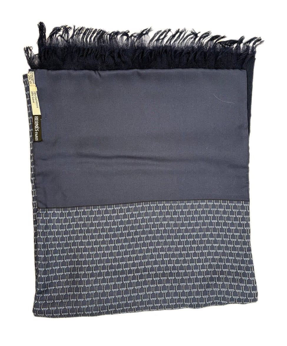 Hermes Blue Silk Print Cashmere Wool Scarf