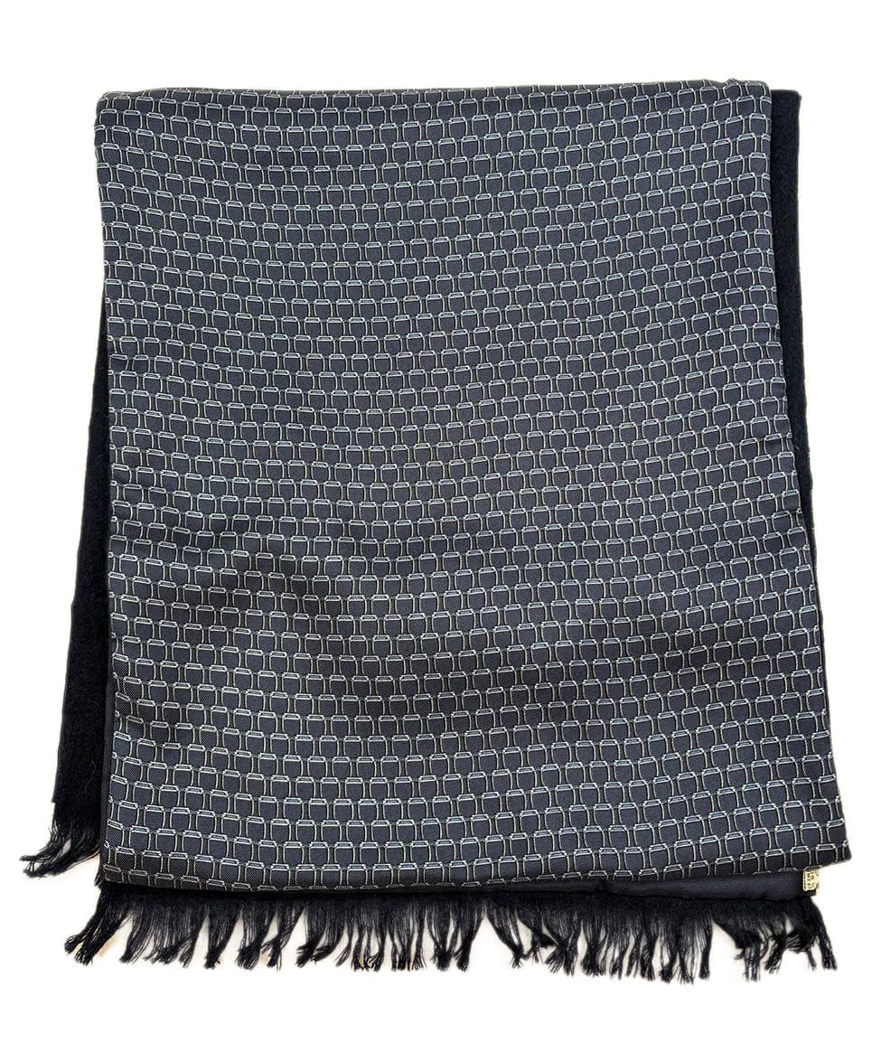 Hermes Blue Silk Print Cashmere Wool Scarf