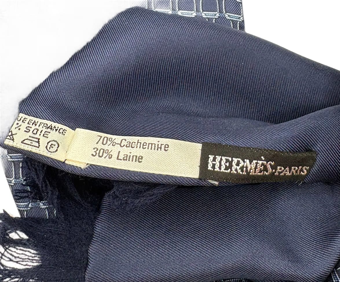 Hermes Blue Silk Print Cashmere Wool Scarf