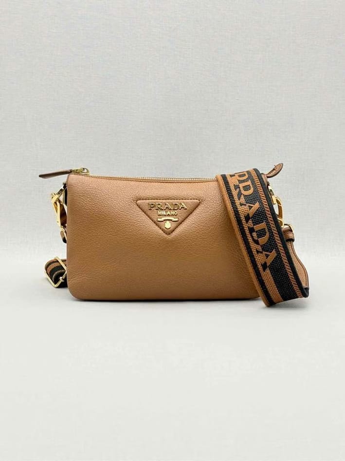 PRADA Logo-Strap Brown Shoulder Bag