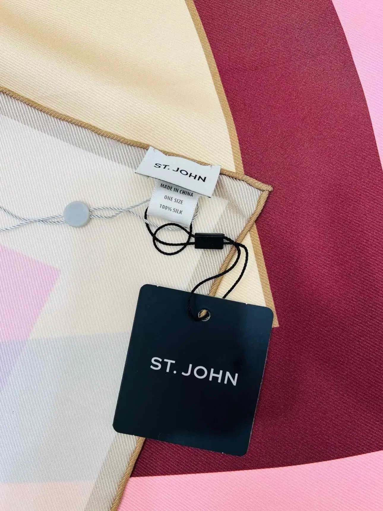 ST. JOHN Beige, Pink & Burgundy Square Print Scarf