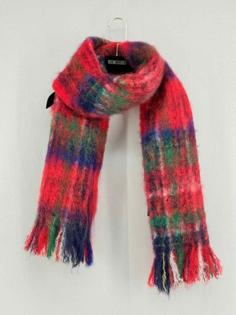 CAROLINA HERRERA Red Multicolor Check Scarf