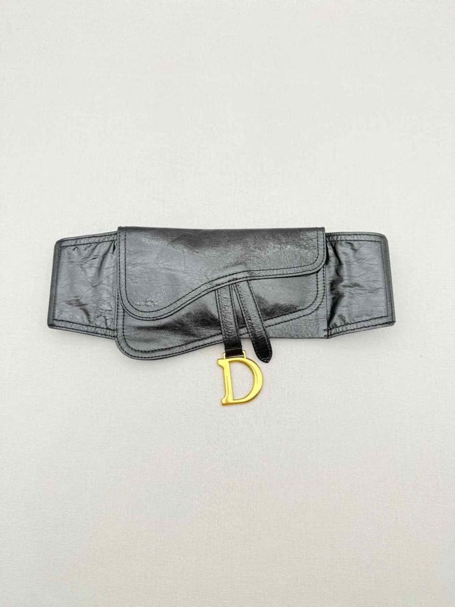 DIOR Saddle D Charm Black Crinkled Glossed Belt Bag