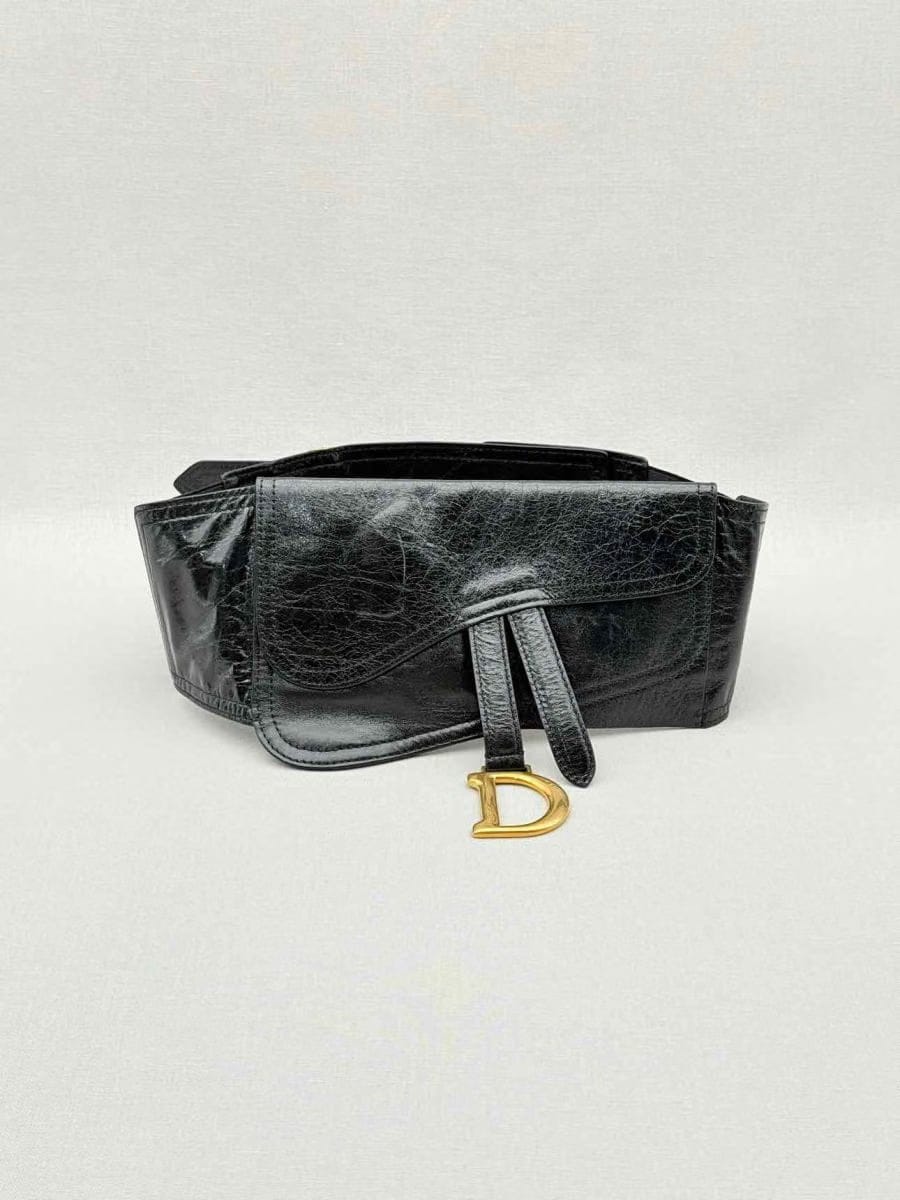 DIOR Saddle D Charm Black Crinkled Glossed Belt Bag