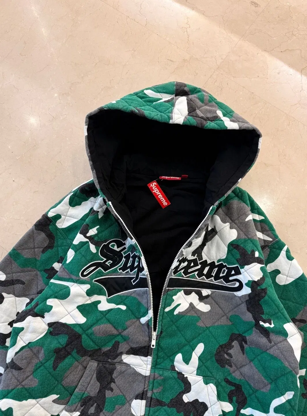 Supreme Quilted Zip Up Hooded Sweatshirt Green Camo