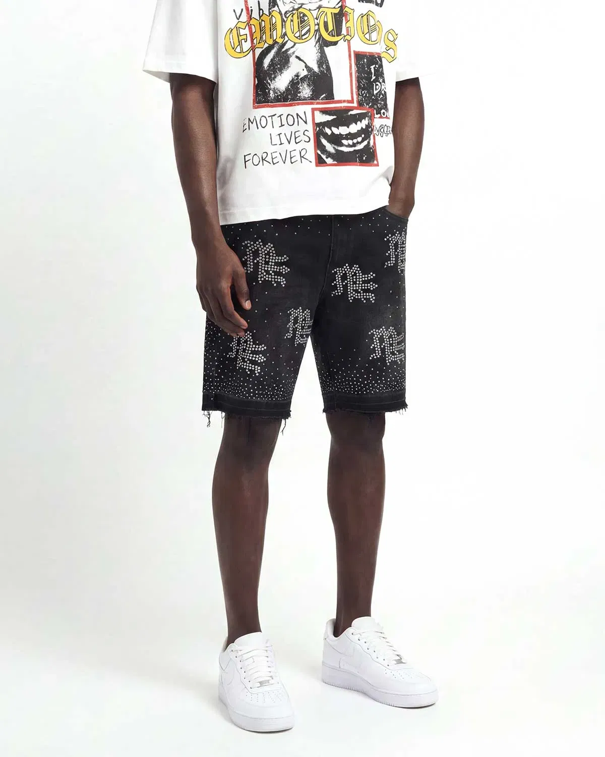 Mixed Emotions "ME" Rhinestone Denim Shorts Black