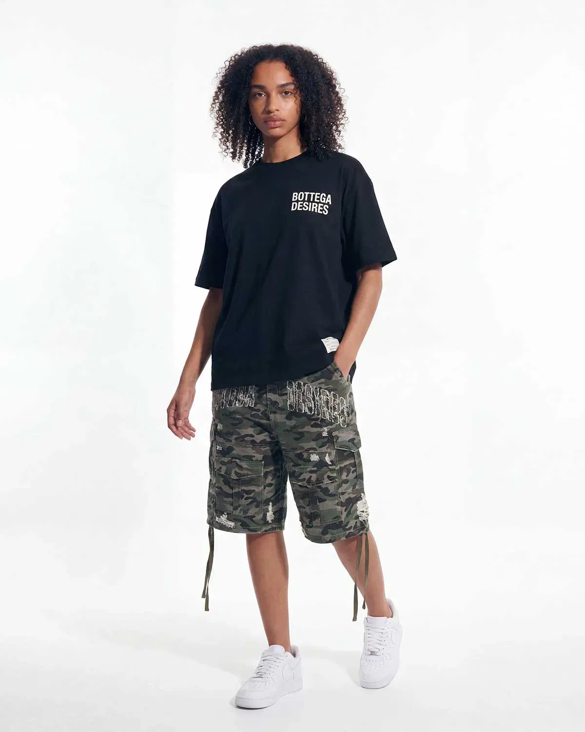 Bottega Desires Distressed Camo Cargo Shorts Green