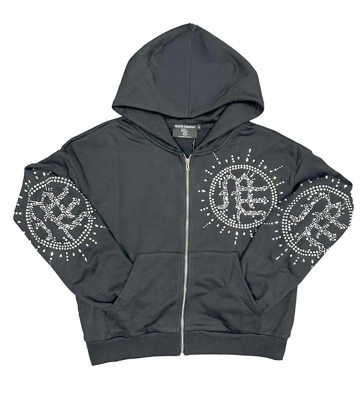 Mixed Emotions Eclipse Rhinestone Hoodie Acid Wash Grey